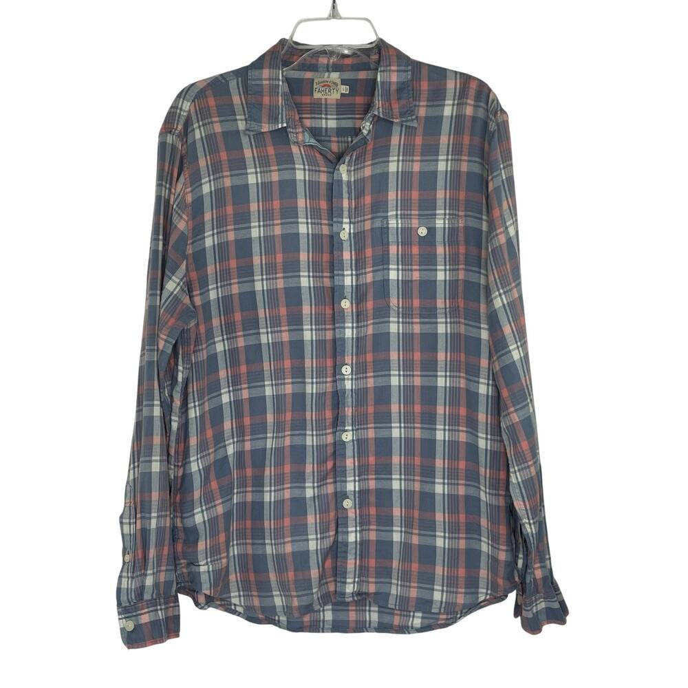 Faherty gray orange plaid button up down long sleeve men's shirt size Large